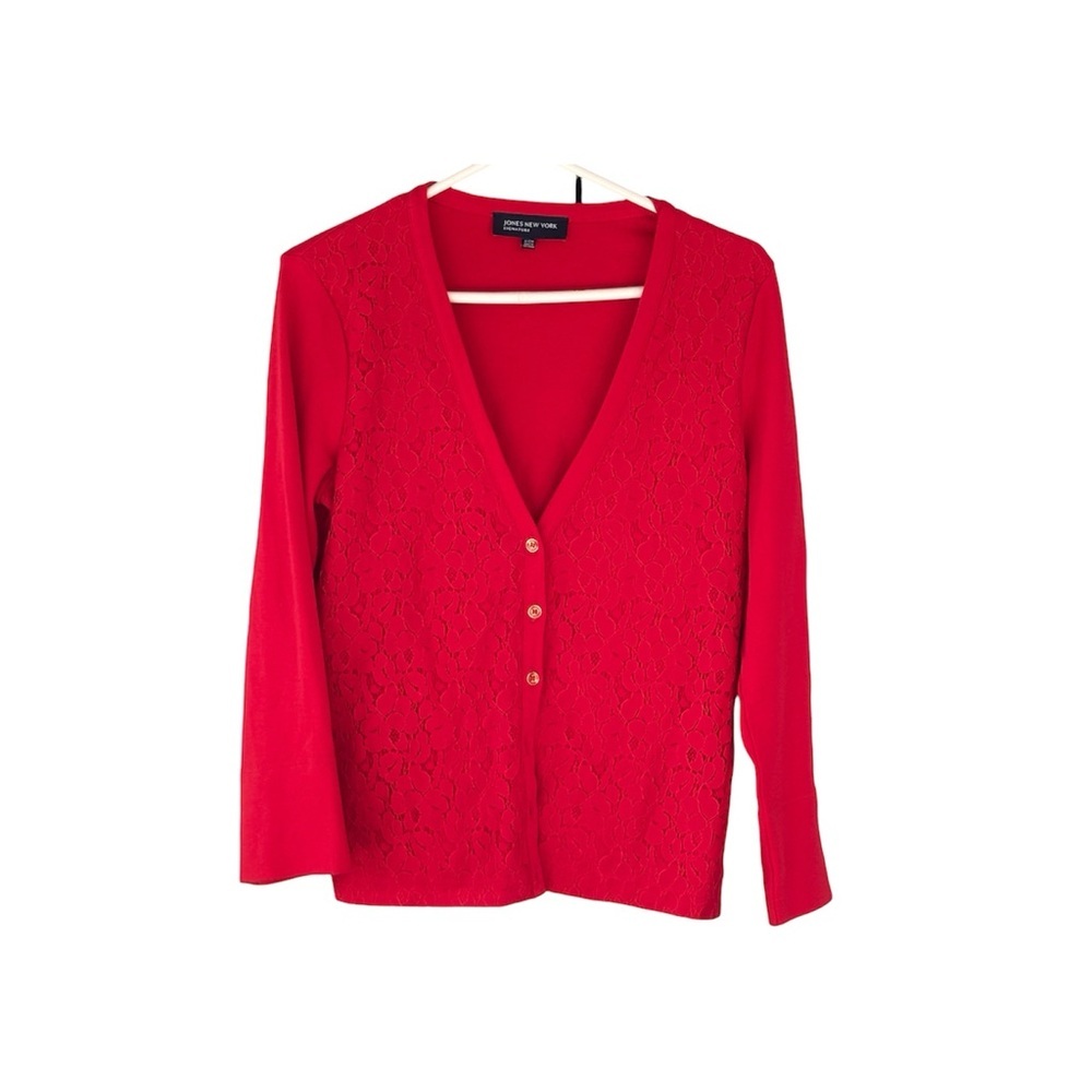 Jones New York Red Lace-Front V-Neck Cardigan